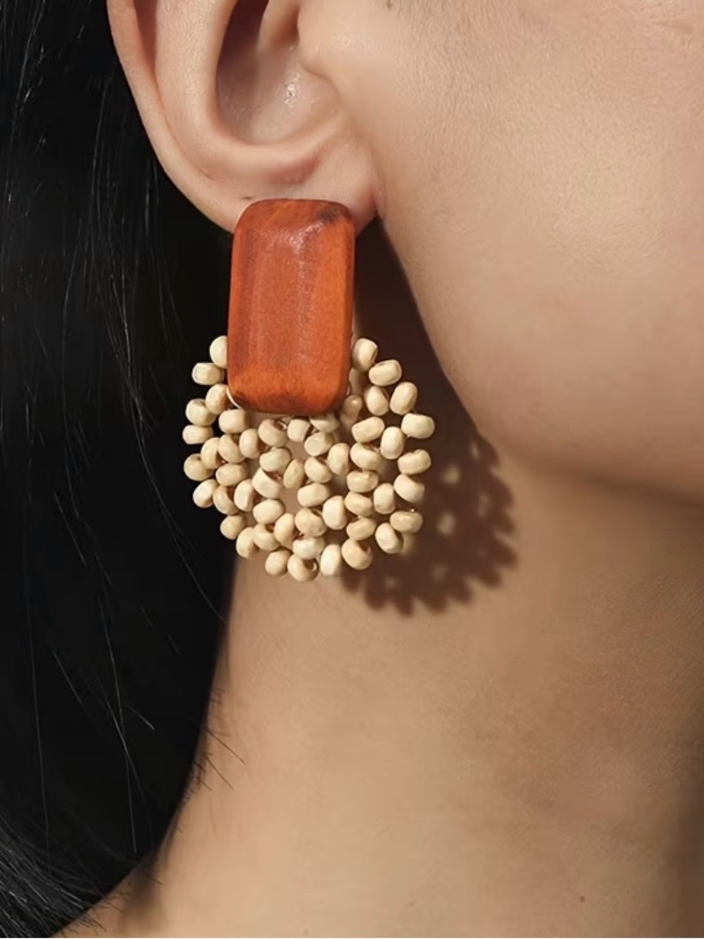 Handcrafted Wooden & Bead Drop Earrings - Natural Ivory and Warm Wood